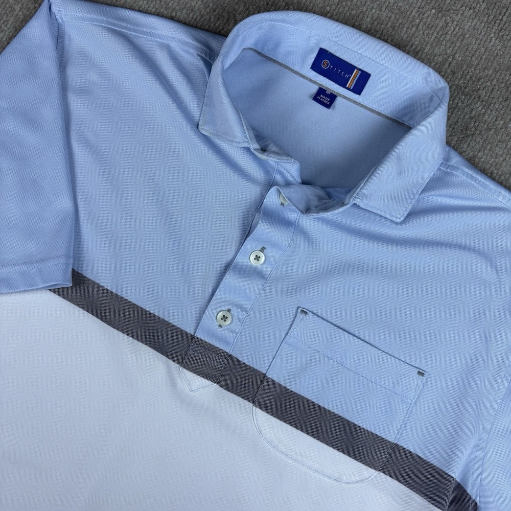 Stitch Golf Polo Shirt Mens Medium Blue Gray Stripe Performance Stretch Korea